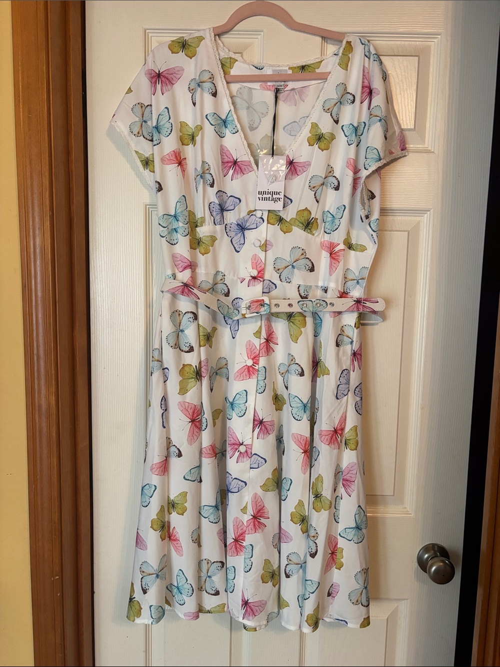 Unique Vintage White Dress with Multicolor Butterfly Print and Belt